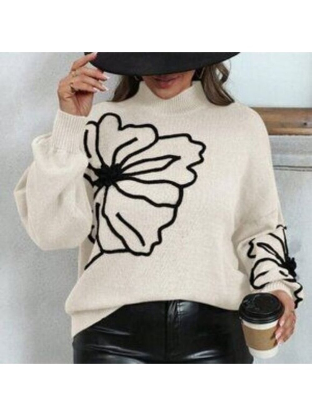 Apricot Casual Women's Plus Size Floral Stand Collar Sweater